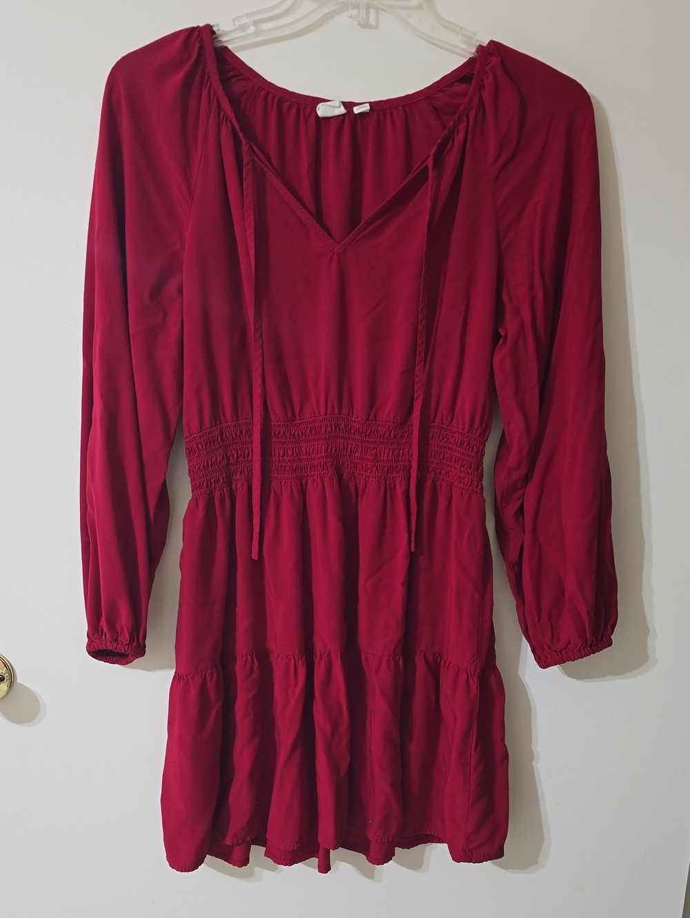 GAP Burgundy Long-Sleeve Smocked-Waist Dress